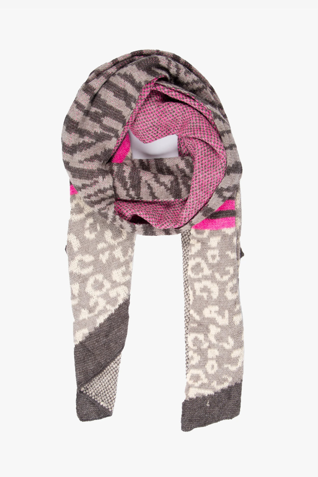 Grey, Fuchsia Tiger & Leopard Print Blanket Scarf