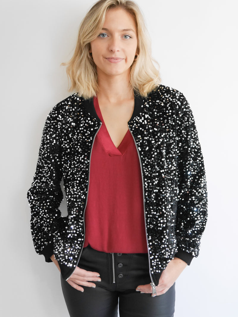 Stella Sequin Bomber Jacket Black & Silver