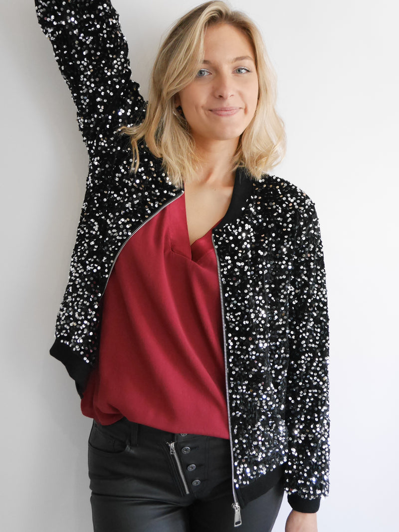 Stella Sequin Bomber Jacket Black & Silver